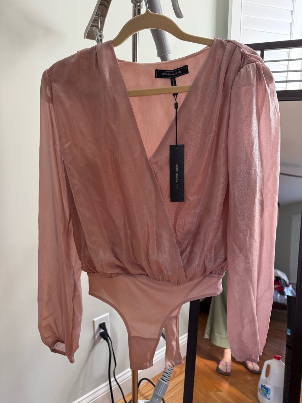 BCBGMaxAzria Pink Sheer Wrap-Front Long Sleeve Bodysuit